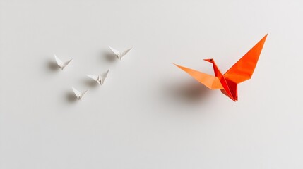 Fototapete - Contemporary Origami Design Vibrant Red Crane in Contrast with White Paper Birds on Minimal Surface - Creative Content and Innovative Marketing for Design Industries
