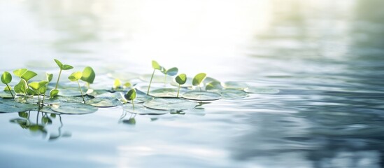 Wall Mural - tranquil water surface with floating aquatic plants reflecting natural light creating a serene mood 