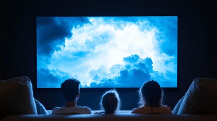 Poster - Cinematic Home Theater Experience Family Engaged with Dynamic Sky on Ultra-HD Display Modern Lifestyle Content and Entertainment Room Setup