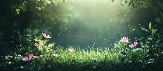 Wall Mural - serene summer forest glade with lush greenery evening light and pink flowers creating a tranquil sce