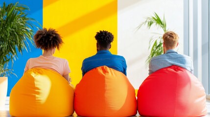 Aufkleber - Contemporary Team Brainstorming on Vibrant Bean Bags Open-Plan Office Collaboration for Creative Industries and Stress-Free Productivity Initiatives