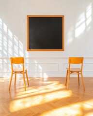 Poster - Mid-Century Modern Classroom Design Minimalist Wooden Chairs with Sunlit Chalkboard Wall - Academic Space Transformation and Structured Learning Ambiance for Educational Efficacy
