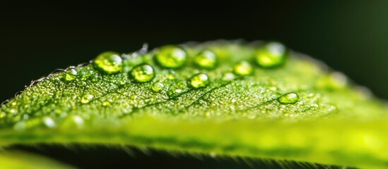 Wall Mural - close-up of dew droplets on a green leaf showcasing intricate details and textures against a blurred