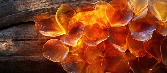 Poster - translucent amber resin glistening on weathered wood showcasing intricate details and warm hues in n