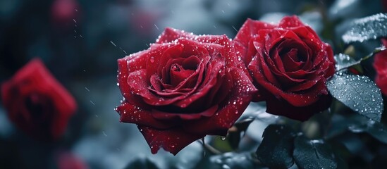 Poster - close-up of fresh red roses with dew droplets on petals against a blurred background creating a roma