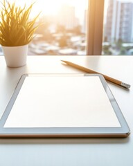 Aufkleber - Contemporary Tech Classroom Aesthetic Sleek Tablet with Wooden Stylus on White Desk - Enhancing Digital Literacy and Interactive Learning in Modern Education Spaces