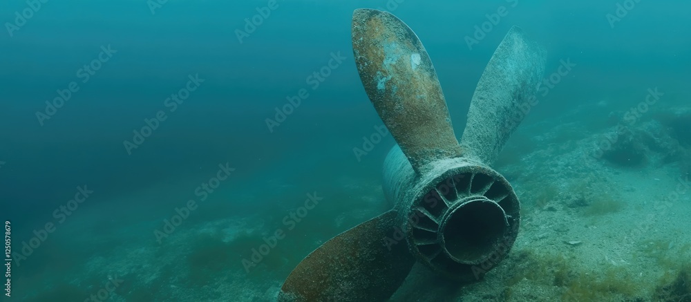 Underwater Marine Propeller and Rudder with Clear Space for Text in a ...