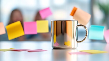 Poster - Contemporary Office Humor Polished Chrome Mug Centerpiece with Colorful Sticky Notes - Enhancing Team Morale and Creativity in Modern Workspaces