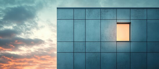 Wall Mural - illuminated ceramic katun concrete panel texture with window against dramatic sky for design and adv
