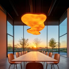 Poster - Contemporary Meeting Room Design Minimalist Wooden Table with Organic Seating and Ambient Lighting - Professional Collaboration and Sustainable Workplace Solutions