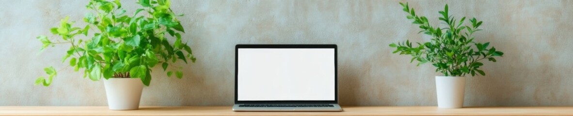 Aufkleber - Minimalist Home Office Aesthetic Modern Desk with Laptop and Greenery - Remote Work Content and Inspiring Virtual Collaboration Solution for Creative Professionals