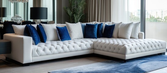 Wall Mural - Elegant modern living room featuring a spacious white sofa with blue accent pillows and ample empty space for text or branding options.