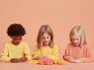 Leinwandbilder - Pastel Classroom Creativity Diverse Children Engaged with Colorful Puzzle on Wooden Table - Enriching Early Education Content and Modern Playroom Design