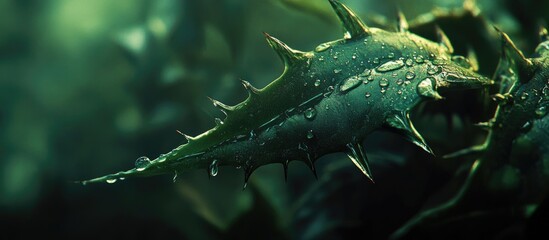 Wall Mural - water droplets on thorny leaf under low key lighting in a nature background