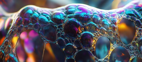 Canvas Print - macro close up of colorful soap bubbles resembling cell structure and membranes in a scientific and 