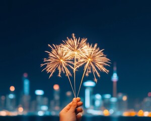 Poster - Vibrant Fireworks Display Against Urban Skyline Sparkling Night Festivities for Event Marketing and City Cultural Promotions