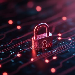 Leinwandbilder - Futuristic Cybersecurity Design Metallic Padlock on Digital Network Background - Advanced Tech Branding and Secure Online Solutions for Business Protection