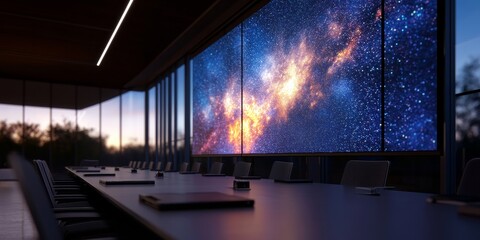 Poster - Stellar Corporate Presentation Room Design Integrated Tech Screens, Ergonomic Seating, and Acoustic Panels for Enhanced Business Communication and Modern Aesthetic Appeal