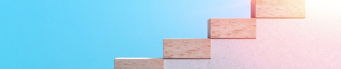 Fototapete - Minimalist Growth Strategy Visualization Wooden Blocks Staircase on Gradient Surface - Business Progress Content and Modern Goal-Setting for Professional Development