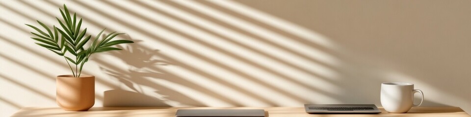 Aufkleber - Minimalist Home Office Aesthetic Wooden Workspace with Dual Monitors and Coffee Cup Modern Flexibility in Remote Work Solutions for Tech-Savvy Professionals