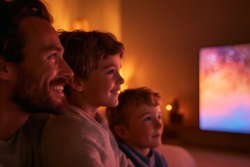 Aufkleber - Warm Minimalist Living Room Family Interacting with AI Assistant on Plush Rug - Enhancing Modern Lifestyle and Smart Home Integration, Evening Ambiance