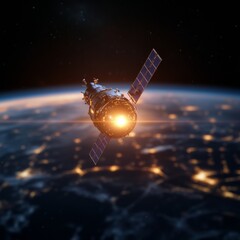 Poster - Futuristic Tech Aesthetic Solar-Paneled Satellite Over Earth with Illuminated Tech Equipment - Space Industry Innovation and Advanced Communication Solutions