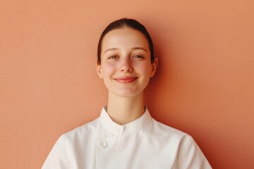 Poster - Minimalist Hospitality Vibes Smiling Server Against Textured Coral Wall with Gentle Lighting - Modern Dining Experience and Welcoming Ambiance Branding for Restaurants