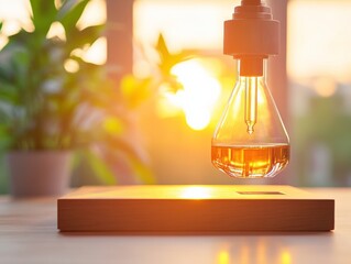 Poster - Sunlit Floating Beaker Over Eco-Friendly Wooden Surface Tech-Driven Concept for Sustainable Lab Design Enhancing Scientific Discovery and Green Innovations