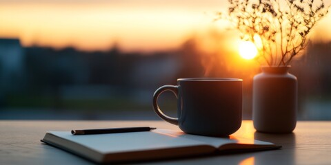 Poster - Warm Minimalist Book Nook Cozy Mug and Open Journal at Sunset with Natural Light - Modern Lifestyle Content and Relaxed Cafe Branding