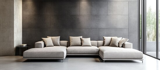 Fototapete - Modern minimalist living room interior featuring a spacious sectional sofa and large windows with ample natural light