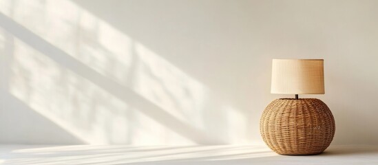 Fototapete - Minimalist Interior with Wicker Lamp on Table and Soft Natural Light Creating an Inviting Atmosphere for Text Placement