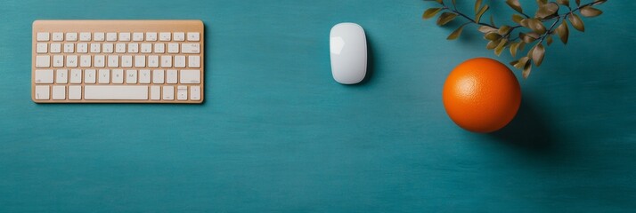Fototapete - Scandinavian Minimalist Workspace Wireless Keyboard, Mouse and Orange on Teal Desk Enhance Focus and Productivity for Professional and Remote Learning Environments