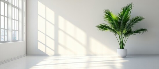 Fototapete - Contemporary minimalist interior with large green palm leaf in bright white room featuring ample sunlight and space for text placement