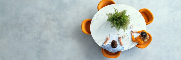 Poster - Contemporary Collaborative Workspace Marble Round Table with Strategic Planning Documents and Coffee - Business Innovation and Modern Office Dynamics