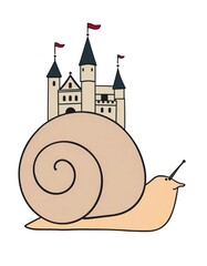 Poster - an image of a snail with a castle in the background, snail with castle in background and flag on top