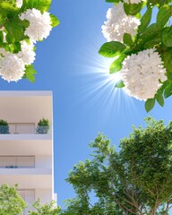 Canvas Print - Eco-Modern Urban Oasis Contemporary White Architectural Design with Solar Technology and Lush Foliage - Sustainable Real Estate Content for Green Community Living