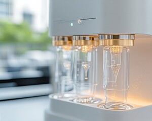 Leinwandbilder - Smart Minimalist Lab Automated Glass Vial Station in Sleek Golden Accents Data-Driven Solutions for Cutting-edge Biomedical Research and Streamlined Laboratory Efficiency