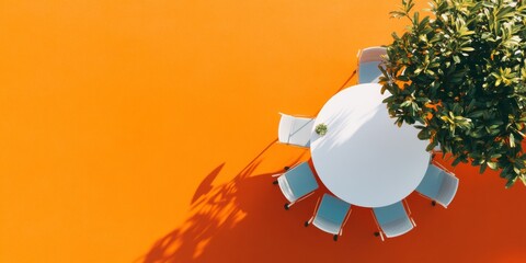 Poster - Urban Office Harmony Aerial View of Diverse Team Gathering in Contemporary Space with Vibrant Orange Accents - Workplace Culture and Collaborative Productivity in Modern Business Settings