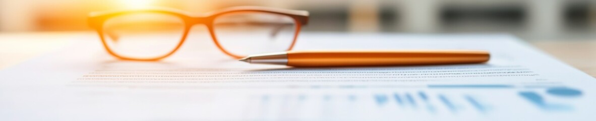 Poster - Minimalist Financial Desk Setup Warm Toned Glasses and Metallic Pen on Financial Report - Business Innovation for Efficient Bookkeeping and Corporate Content Creation