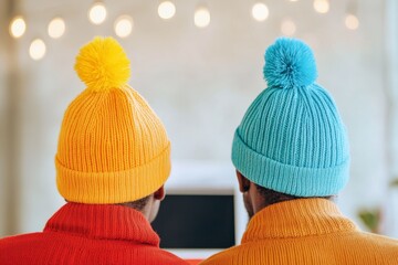 Poster - Cozy Home Office Dynamics Remote Workers with Colorful Knit Hats - Modern Lifestyle Content and Stress-Relief Strategies in Digital Workspaces
