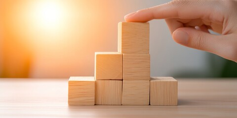 Aufkleber - Minimalist Wooden Block Arrangement on Sunny Desk - Creative Workspace Decor and Mindful Productivity Tools for Modern Office Environments