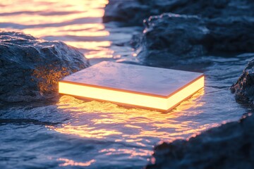 Wall Mural - Reflective wet rocks and glowing ripples complement the pastel yellow neon light of a small rectangular podium.