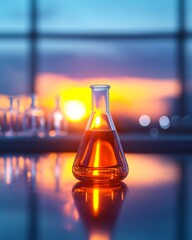 Poster - Sunset Laboratory Aesthetic Glass Beaker on Reflective Surface - Advanced Scientific Equipment for Modern Pharmaceutical Innovation and RandD Visualization