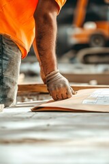 Aufkleber - Contemporary Construction Review Workers in Hi-Vis Gear Analyzing Blueprints on Industrial Site, Promoting Efficient Project Management and Safety in Building Industry