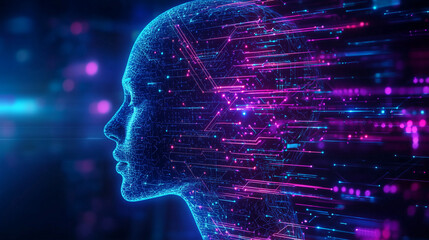 Digital Consciousness: A mesmerizing abstract representation of artificial intelligence, with a digital human profile comprised of data streams and circuit board patterns.