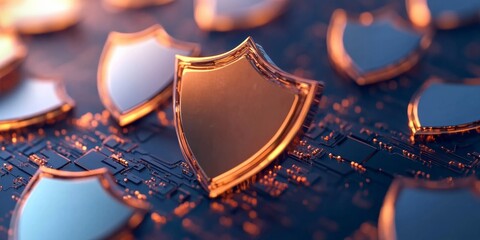 Aufkleber - Copper-Toned Cybersecurity Visualization Shield Icons on Circuit Board for Advanced Digital Protection and Network Solutions in Modern Tech and Business Environments