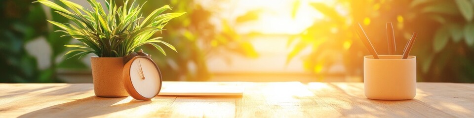 Aufkleber - Sunlit Biophilic Office Workspace Wooden Desk with Greenery and Minimalist Decor - Boosting Productivity and Well-being in Modern Corporate Environments