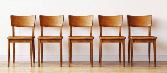 Wall Mural - Neatly arranged row of wooden chairs with blank space for customized text in modern minimalist interior setting