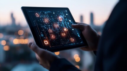 Aufkleber - Futuristic Tech Aesthetic AI-Powered Smart Home Security Display on Glass Tablet - Urban Living Solutions and Data Protection Systems