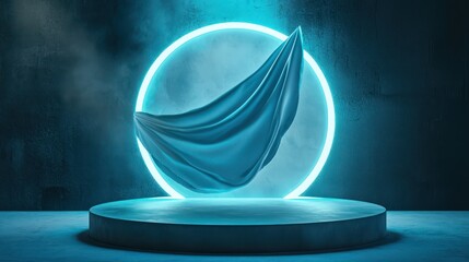 Wall Mural - A floating fabric badge mockup is accentuated by layered glowing edges on a circular neon blue podium in a soft-lit studio.